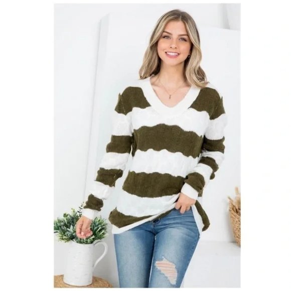NWT Boutique Olive green and white striped fuzzy v-neck sweater - Picture 3 of 6